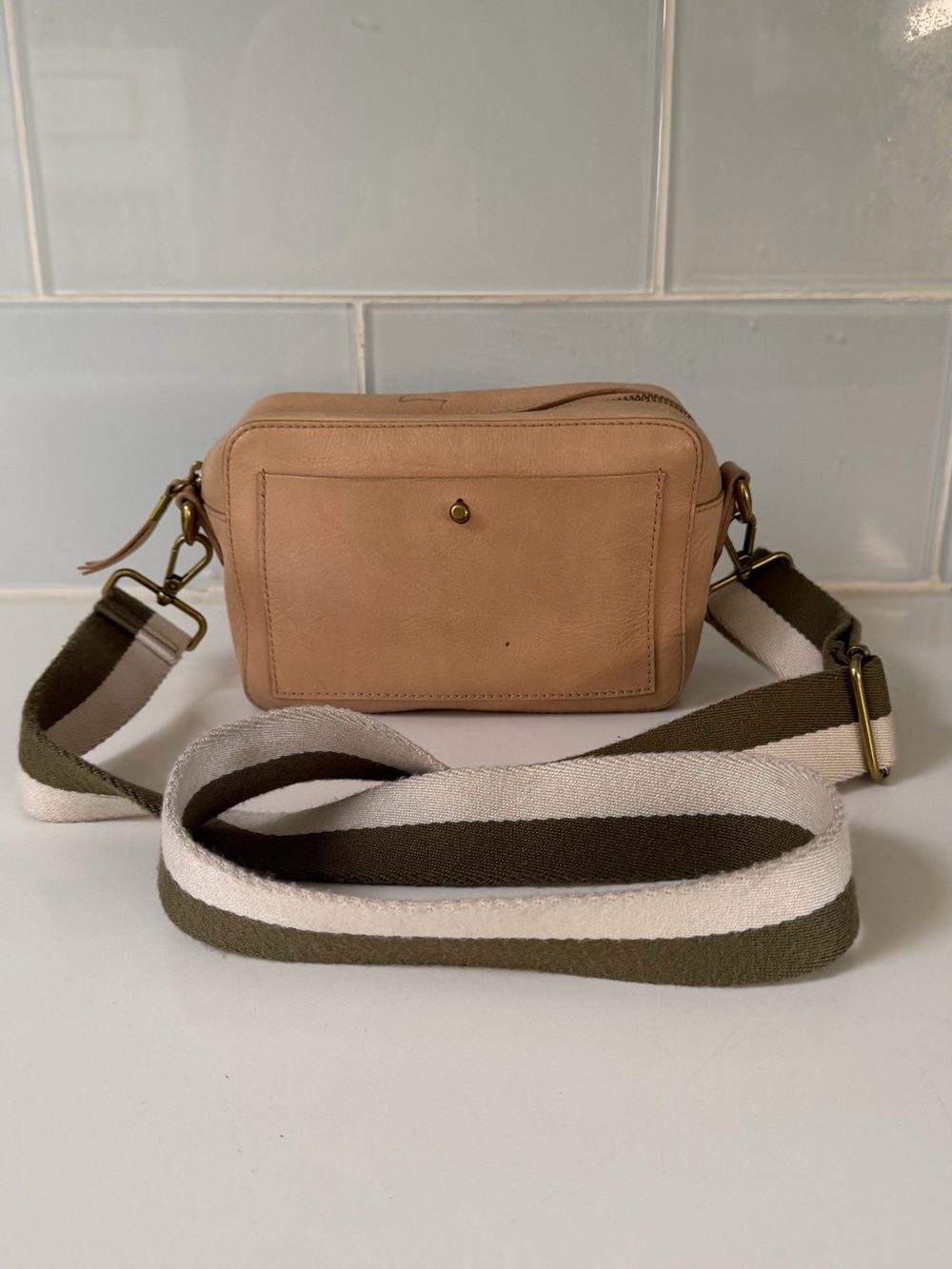 Madewell  Crossbody Camera Bag in Beige with Striped Strap
